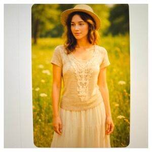 Treebarn Knit M Top Crochet Lace Short Sleeve Women's Beige Romantic Cottagecore